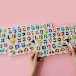 Wooden Long Knob Board with Whiteboard-Capital Alphabets-Wooden peg Bord- Wooden Peg board with whiteboard and Marker