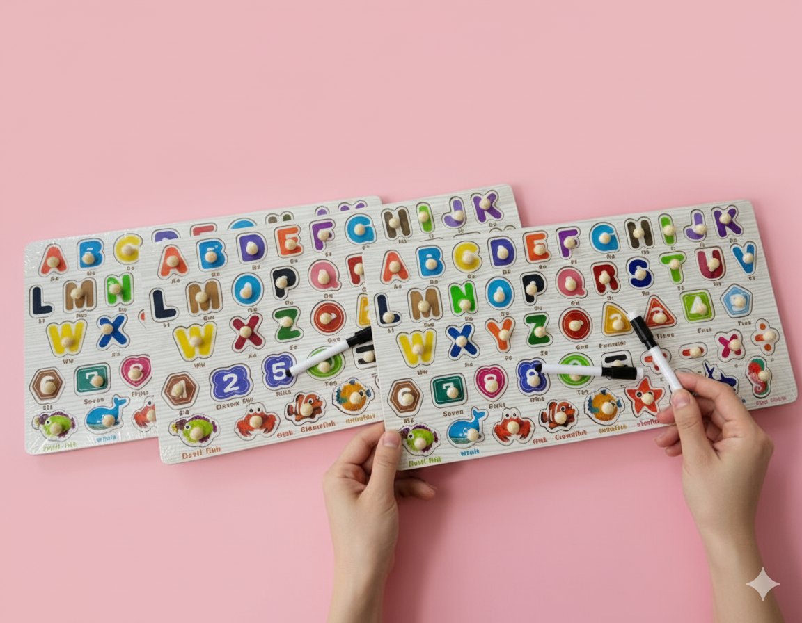 Wooden Long Knob Board with Whiteboard-Capital Alphabets-Wooden peg Bord- Wooden Peg board with whiteboard and Marker